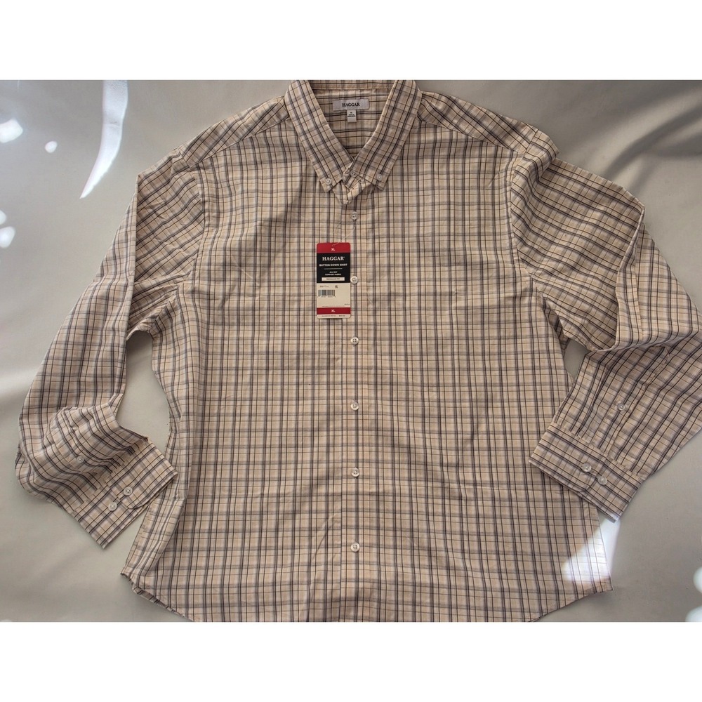 Haggar Mens Button Down Shirt XL Natural Plaid All Day Comfort HW00697 Regular